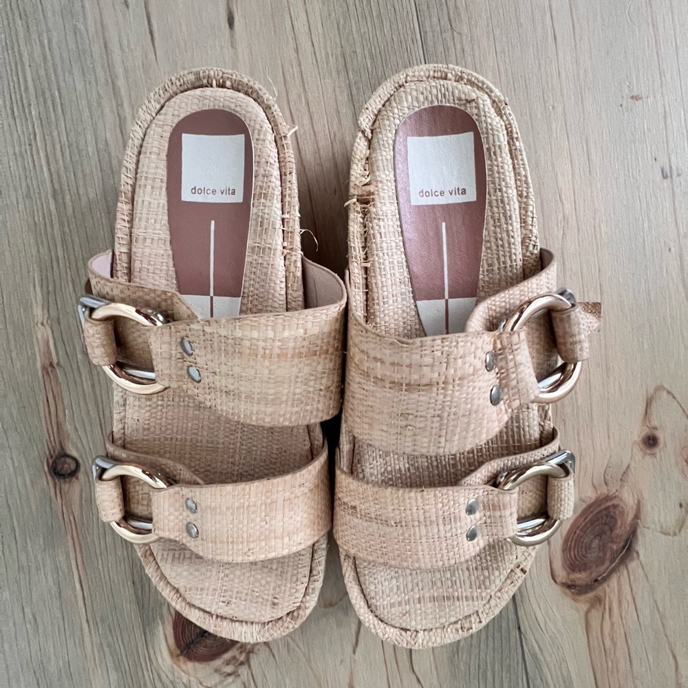 Dolce Vita raffia double buckle platform slides